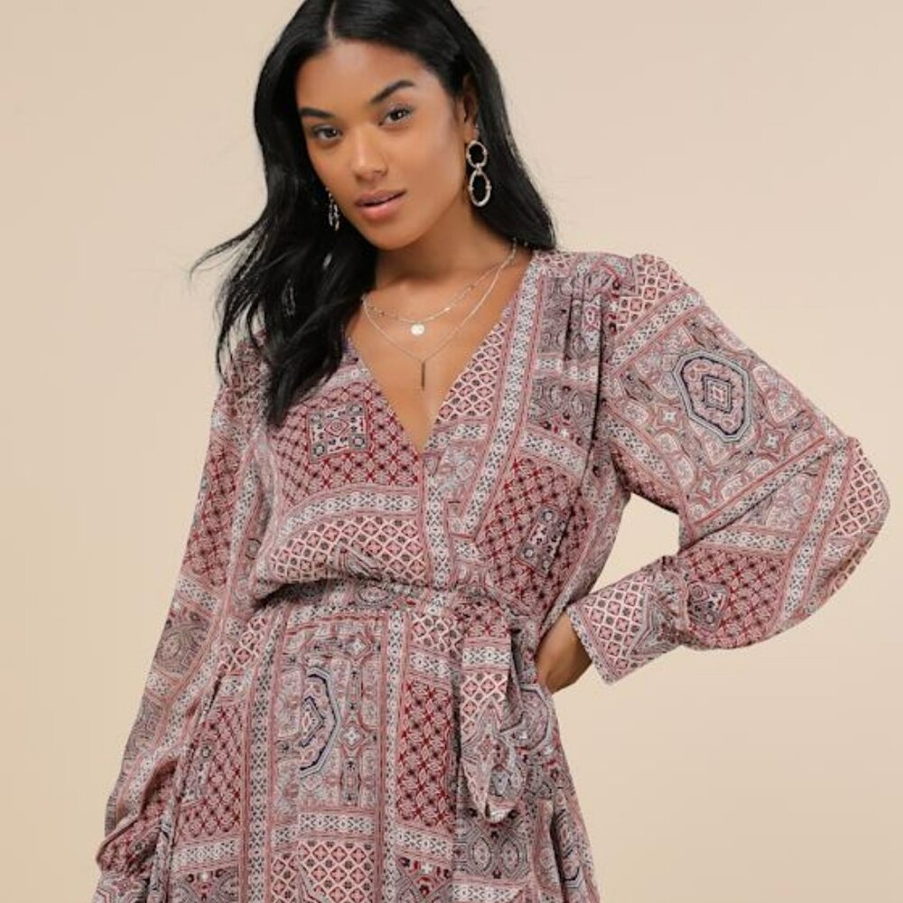 Lulus Breezy Wanderings Rust Red Boho Print Long Sleeve Mini Dress - Size M